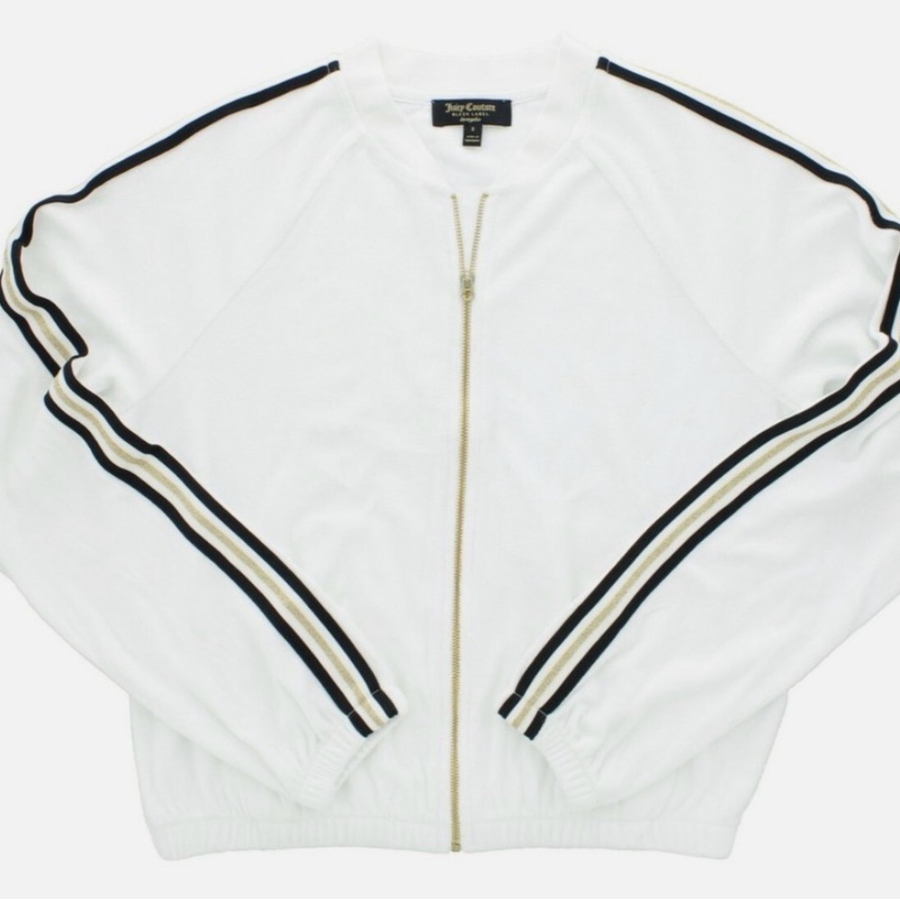 Juicy Couture White Zip-Up Sweater with Black and Cream Stripes
